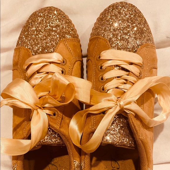 FOREVER Glitter Rust & Gold Suede Tennis Shoes with Ribbon laces. - Picture 5 of 14